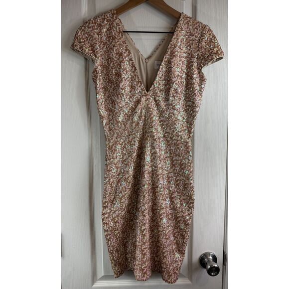 Dress The Population Women's Zoe Sequin Mini Dress Cap Sleeves Beige Tan Size M - Picture 1 of 12